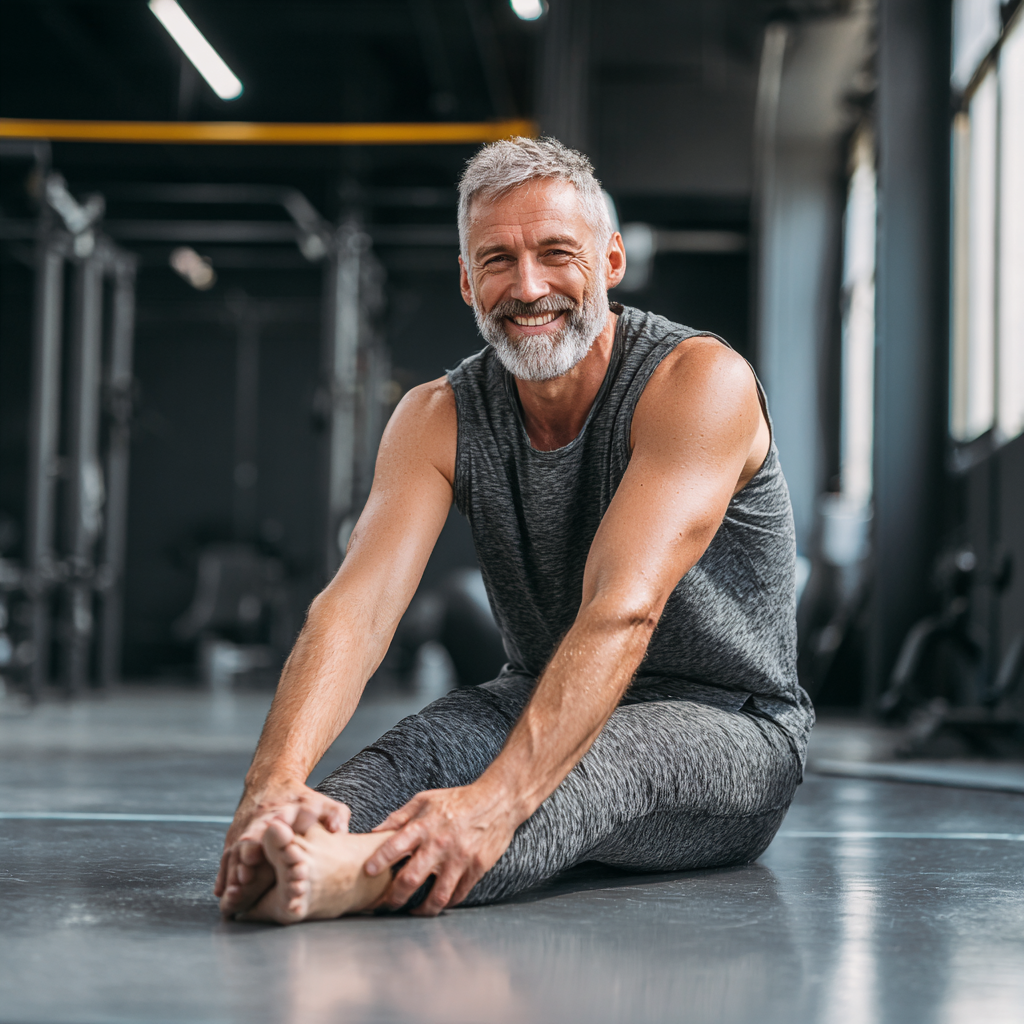 Mature Ukrainian adults demonstrating proper strength training form with focused expressions and proper technique in a professional gym setting